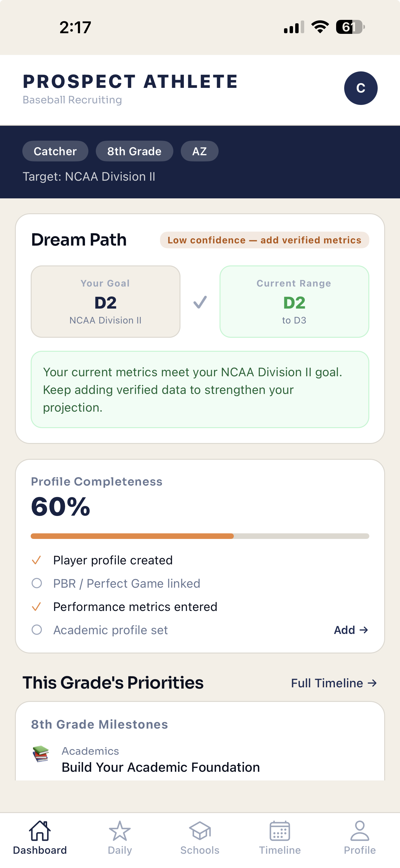 Prospect Athlete app — Dashboard screen